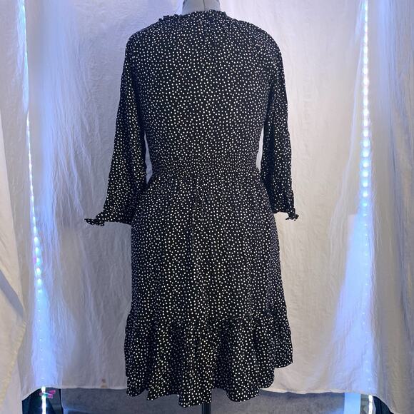 Talbots Dress Black White Dot Midi Dress Smocked Waist 3/4 Sleeve Ruffle Tier M - Picture 7 of 14